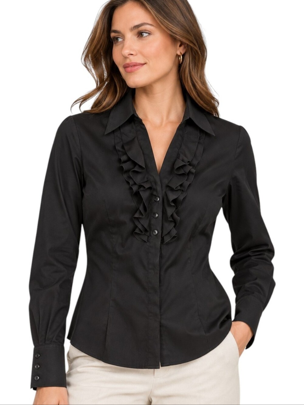 Brooks Brothers 1818 Black Ruffle Front Blouse Fitted Stretch Cotton Sz 4
